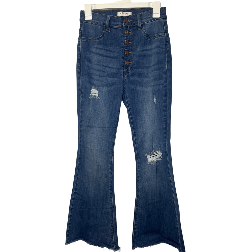 Vibrant MIU Women‎ Blue Distressed High Rise Button Fly Flare Jeans Size 9 W28